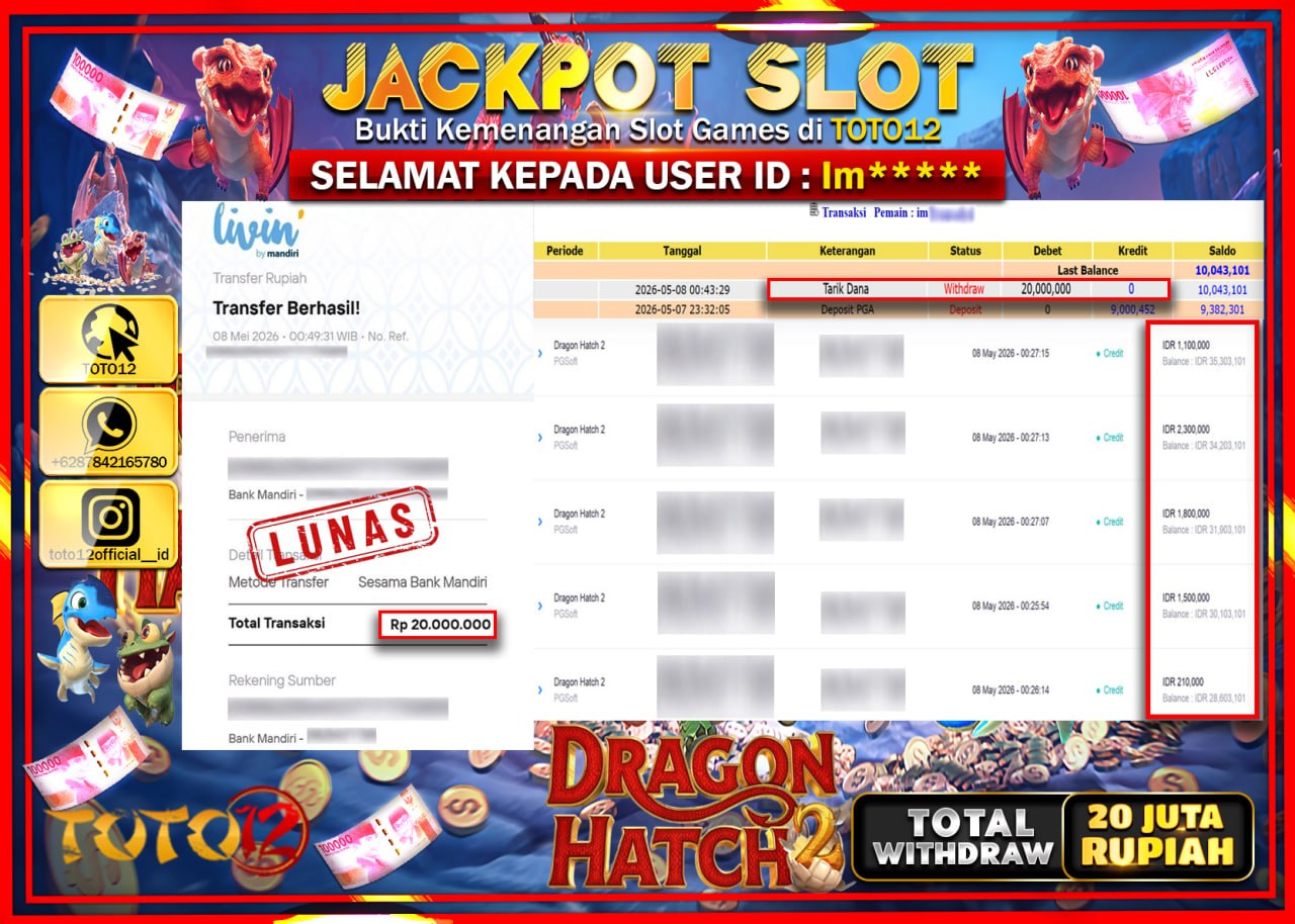 HANYA DI TOTO12 JP PASTI DI BAYAR LUNAS DAN CEPAT!!!!!! JACKPOT SLOT GAME (DRAGON HATCH 2) Rp20.000.000!!!!