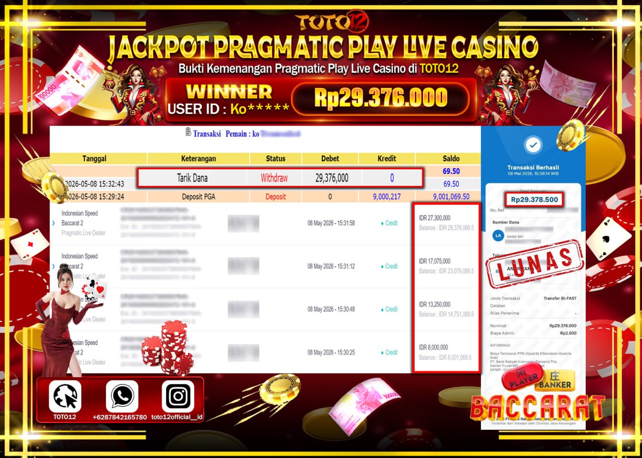 HANYA DI TOTO12 JP PASTI DI BAYAR LUNAS DAN CEPAT!!!!!! JACKPOT PRAGMATIC PLAY LIVE GAMES CASINO (INDONESIA SPEED BACCARAT 2) Rp29.376.000!!!!