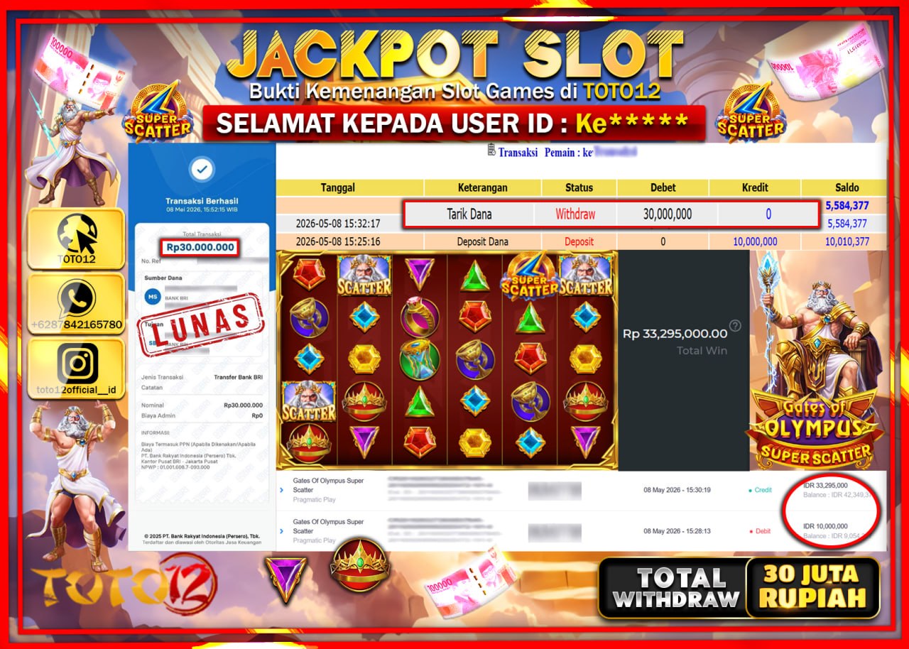 HANYA DI TOTO12 JP PASTI DI BAYAR LUNAS DAN CEPAT!!!!!! JACKPOT SLOT GAME (GATES OF OLYMPUS SUPER SCATTER) Rp30.000.000!!!!