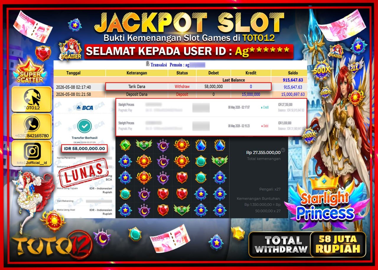 HANYA DI TOTO12 JP PASTI DI BAYAR LUNAS DAN CEPAT!!!!!! JACKPOT SLOT GAME (STARLIGHT PRINCESS) Rp58.000.000!!!!
