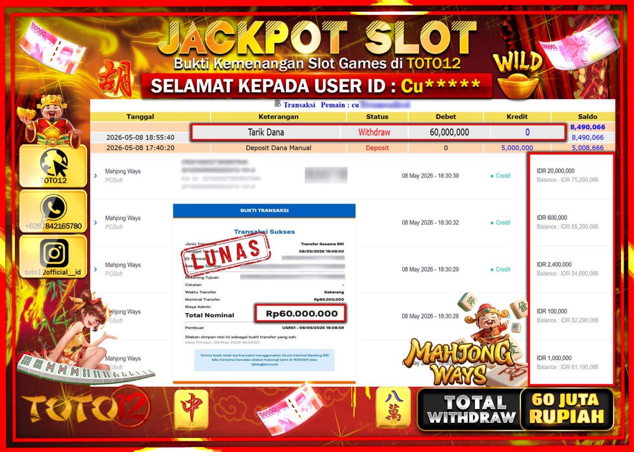 HANYA DI TOTO12 JP PASTI DI BAYAR LUNAS DAN CEPAT!!!!!! JACKPOT SLOT GAME (MAHJONG WAYS) Rp60.000.000!!!!