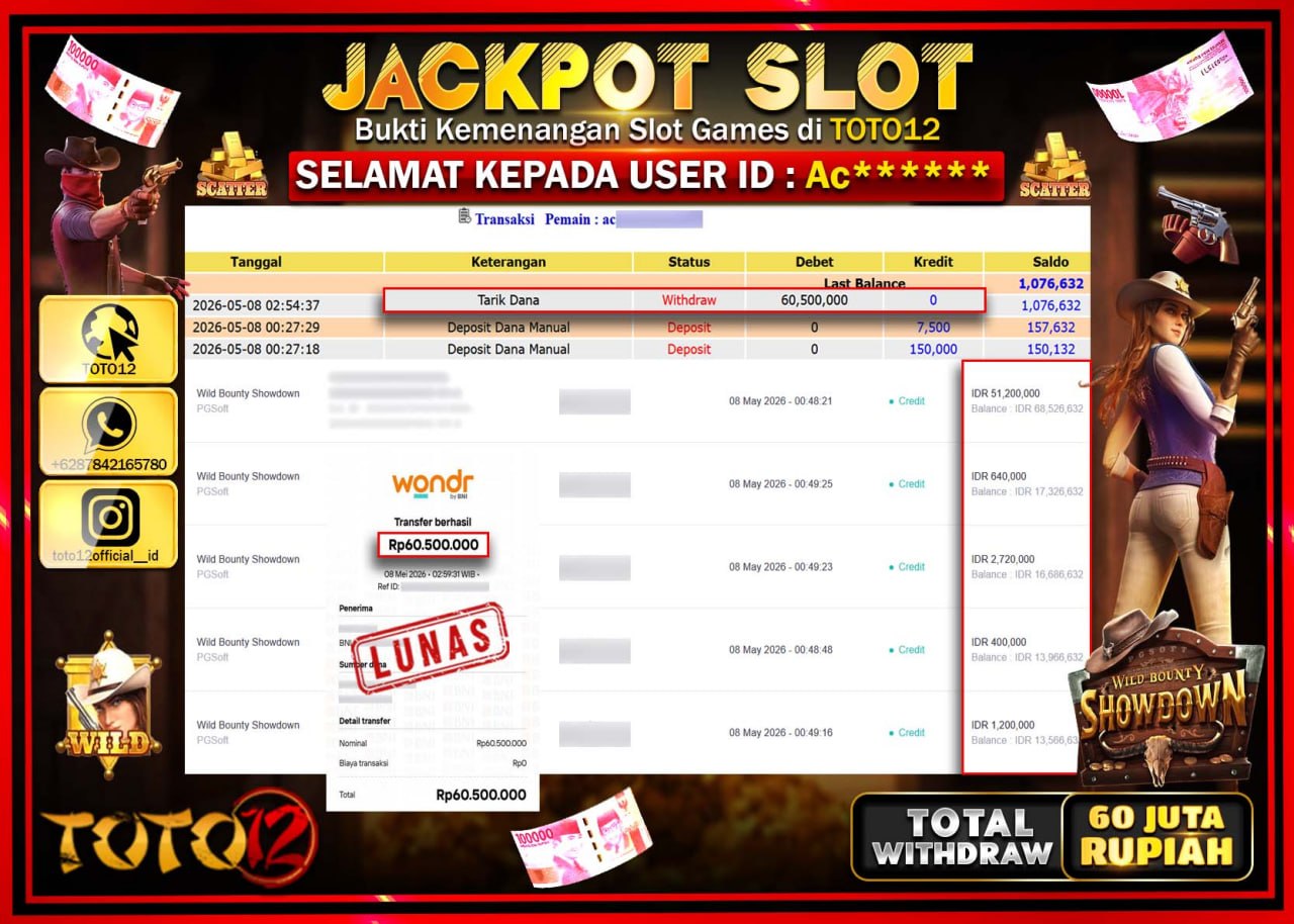 HANYA DI TOTO12 JP PASTI DI BAYAR LUNAS DAN CEPAT!!!!!! JACKPOT SLOT GAME (WILD BOUNTY SHOWDOWN) Rp60.500.000!!!!
