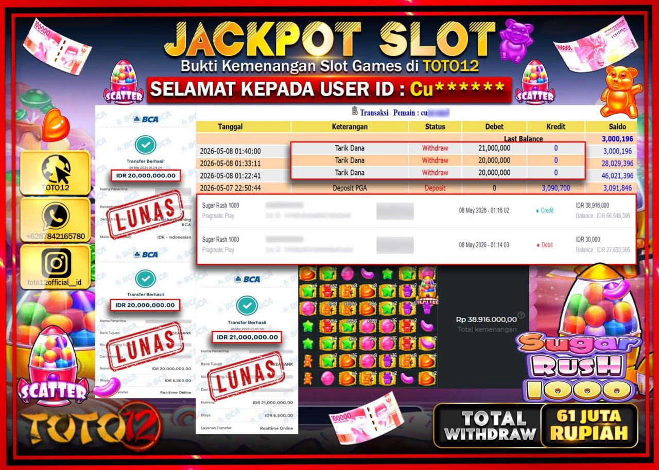 HANYA DI TOTO12 JP PASTI DI BAYAR LUNAS DAN CEPAT!!!!!! JACKPOT SLOT GAME (SUGAR RUSH 1000) Rp61.000.000!!!!