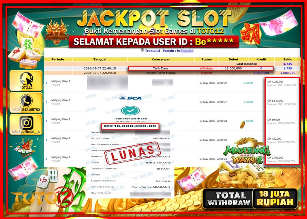 HANYA DI TOTO12 JP PASTI DI BAYAR LUNAS DAN CEPAT!!!!!! JACKPOT SLOT GAME (MAHJONG WAYS 2) Rp18.000.000!!!!