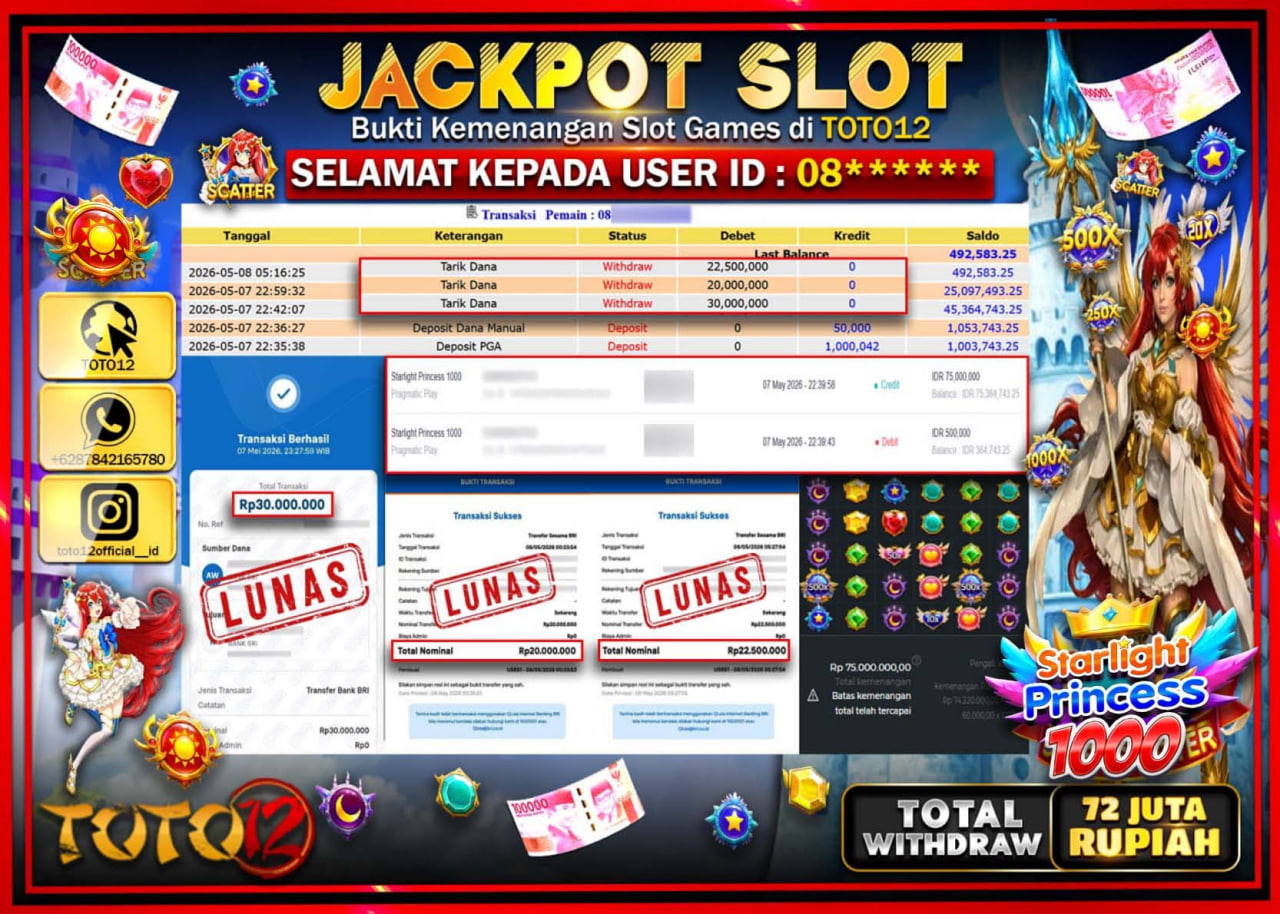 HANYA DI TOTO12 JP PASTI DI BAYAR LUNAS DAN CEPAT!!!!!! JACKPOT SLOT GAME (STARLIGHT PRINCESS 1000) Rp72.500.000!!!!