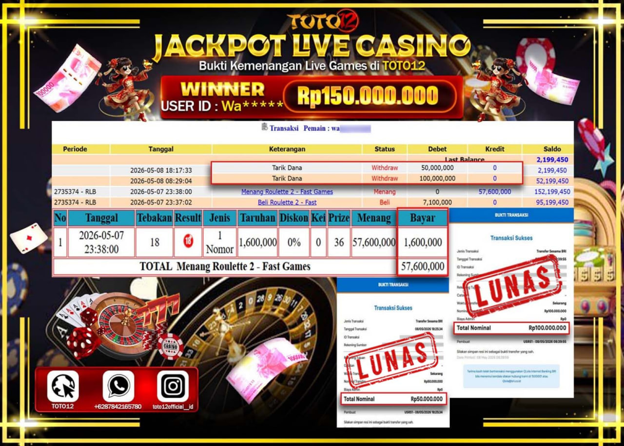 HANYA DI TOTO12 JP PASTI DI BAYAR LUNAS DAN CEPAT!!!!!! JACKPOT  LIVE GAMES CASINO (ROULETTE 2) Rp150.000.000!!!!