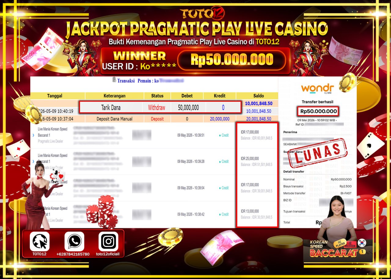 HANYA DI TOTO12 JP PASTI DI BAYAR LUNAS DAN CEPAT!!!!!! JACKPOT PRAGMATIC PLAY LIVE GAME CASINO (LIVE MANIA KOREAN SPEED BACCARAT 1) Rp50.000.000!!!!