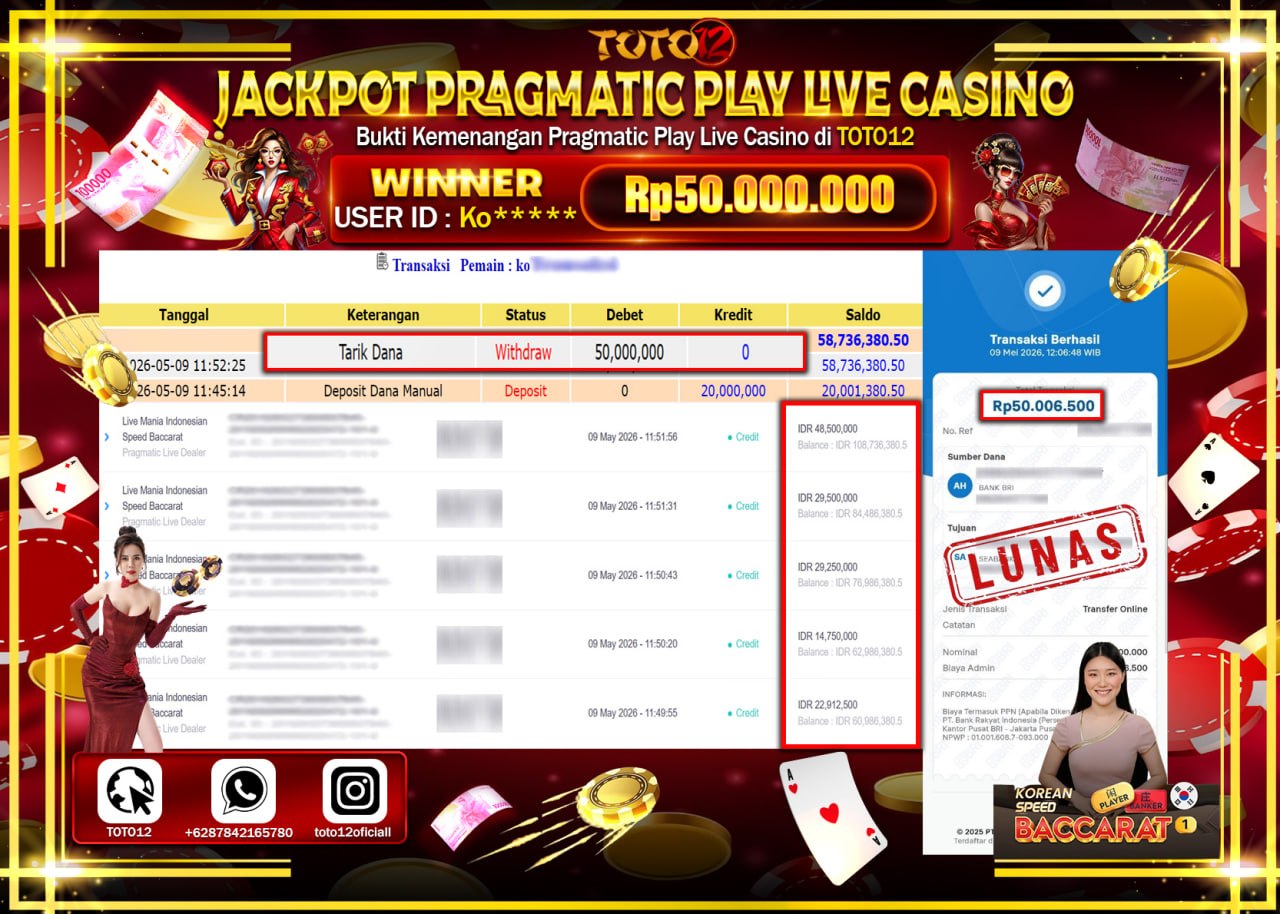 HANYA DI TOTO12 JP PASTI DI BAYAR LUNAS DAN CEPAT!!!!!! JACKPOT PRAGMATIC PLAY LIVE GAME CASINO (LIVE MANIA INDONESIA KOREAN SPEED BACCARAT) Rp50.000.000!!!!
