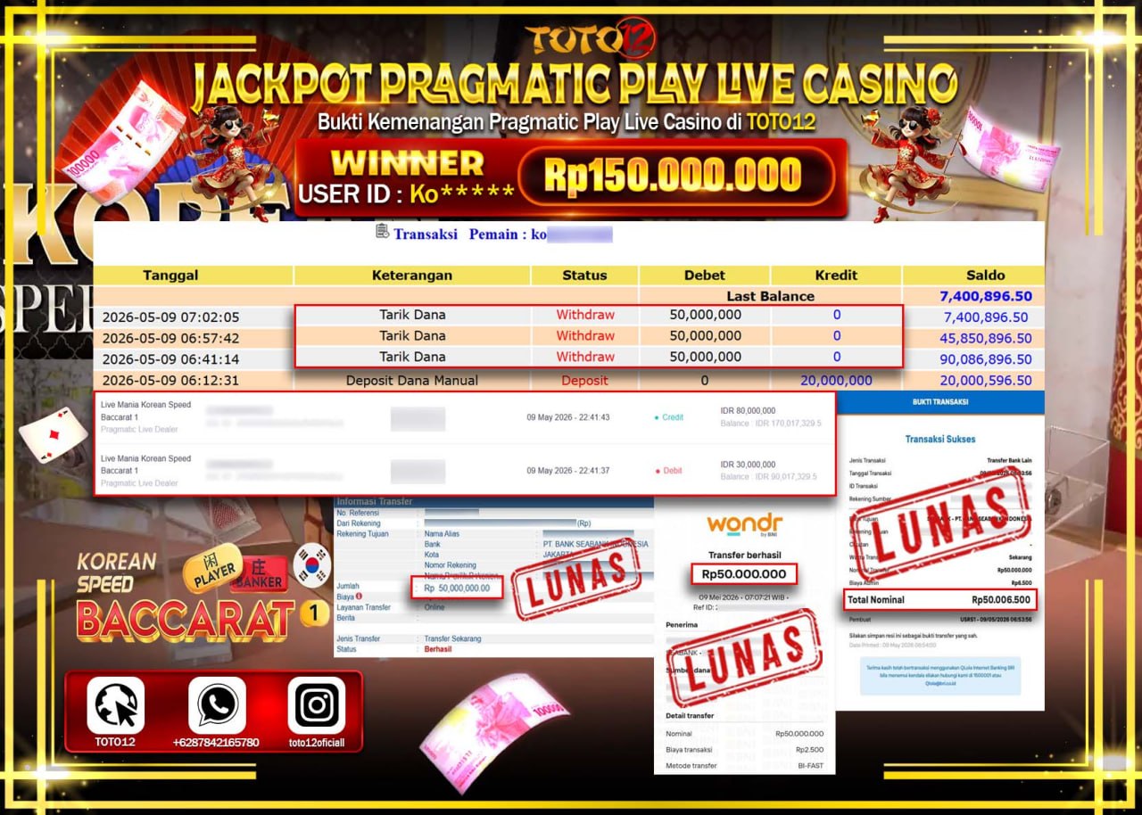 HANYA DI TOTO12 JP PASTI DI BAYAR LUNAS DAN CEPAT!!!!!! JACKPOT PRAGMATIC PLAY LIVE GAMES CASINO (LIVE MANIA KOREAN SPEED BACCARAT 1) Rp150.000.000!!!!