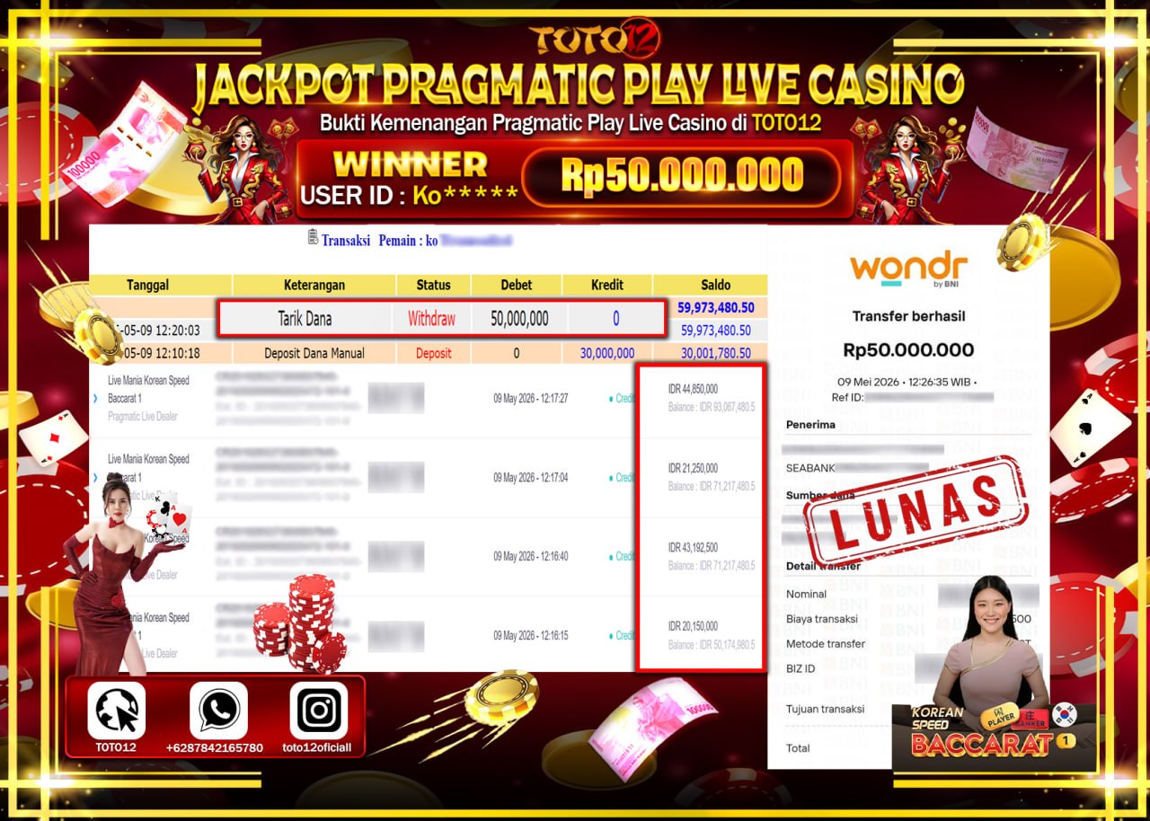 HANYA DI TOTO12 JP PASTI DI BAYAR LUNAS DAN CEPAT!!!!!! JACKPOT PRAGMATIC PLAY LIVE GAME CASINO (LIVE MANIA KOREAN SPEED BACCARAT 1) Rp50.000.000!!!!
