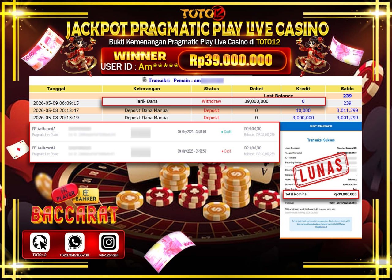 HANYA DI TOTO12 JP PASTI DI BAYAR LUNAS DAN CEPAT!!!!!! JACKPOT PRAGMATIC PLAY LIVE GAME CASINO (PP LIVE  BACCARAT A) Rp39.000.000!!!!