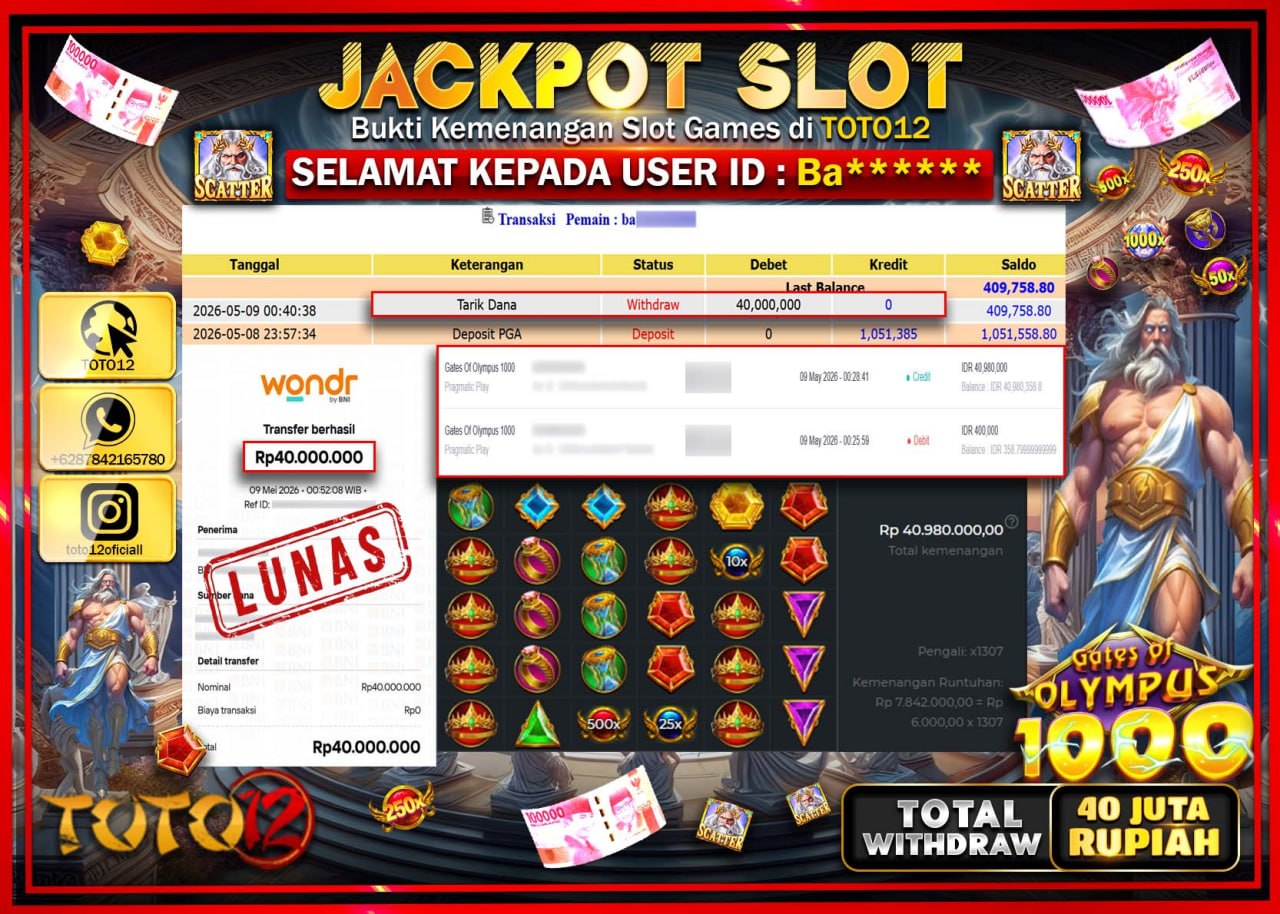 HANYA DI TOTO12 JP PASTI DI BAYAR LUNAS DAN CEPAT!!!!!! JACKPOT SLOT GAME (GATES OF OLYMPUS 1000) Rp40.000.000!!!!