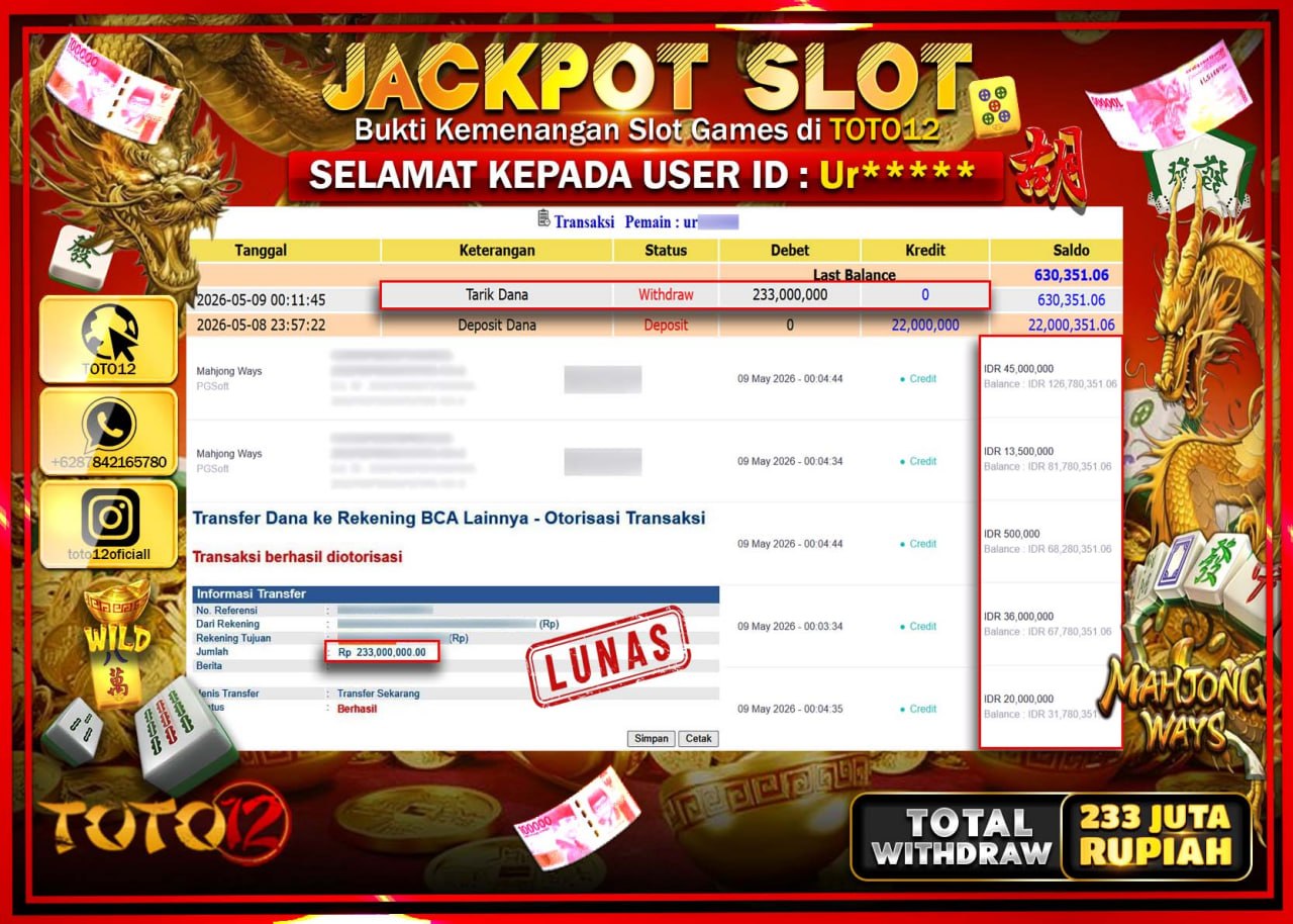 HANYA DI TOTO12 JP PASTI DI BAYAR LUNAS DAN CEPAT!!!!!! JACKPOT SLOT GAME (MAHJONG WAYS) Rp233.000.000!!!!