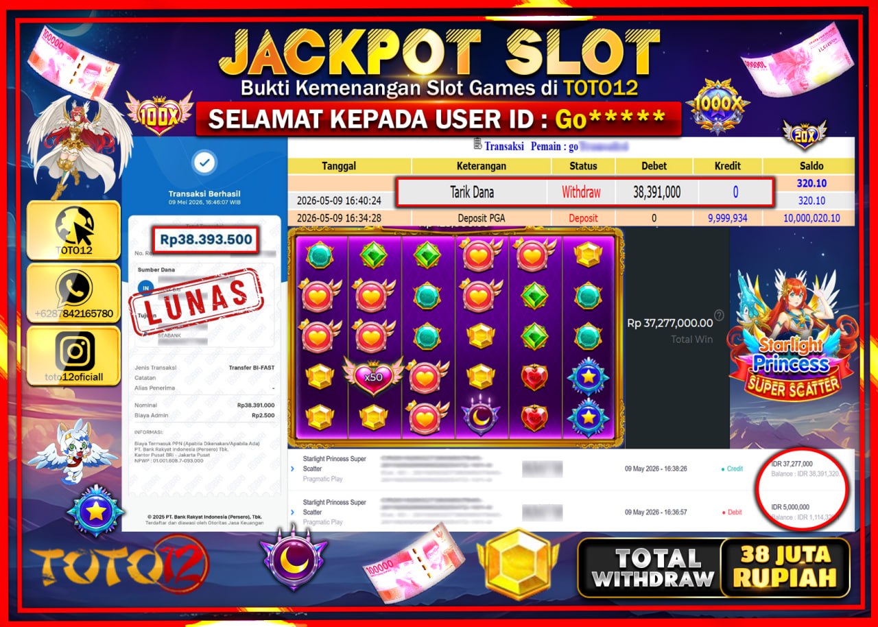 HANYA DI TOTO12 JP PASTI DI BAYAR LUNAS DAN CEPAT!!!!!! JACKPOT SLOT GAME (STARLIGHT PRINCESS SUPER SCATTER) Rp38.391.000!!!!