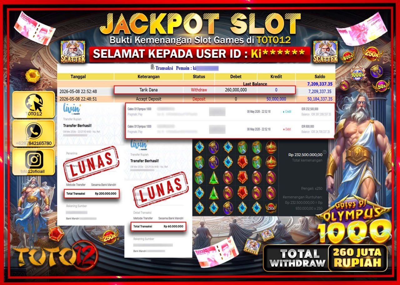 HANYA DI TOTO12 JP PASTI DI BAYAR LUNAS DAN CEPAT!!!!!! JACKPOT SLOT GAMES (GATES OF OLYMPUS 1000) Rp260.000.000!!!!