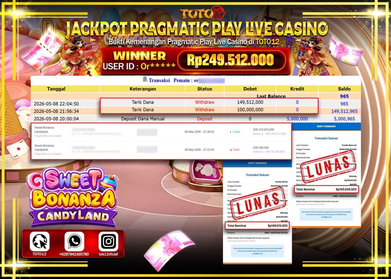HANYA DI TOTO12 JP PASTI DI BAYAR LUNAS DAN CEPAT!!!!!! JACKPOT PRAGMATIC PLAY LIVE GAMES CASINO (SWEET BONANZA CANDYLAND) Rp249.512.000!!!!