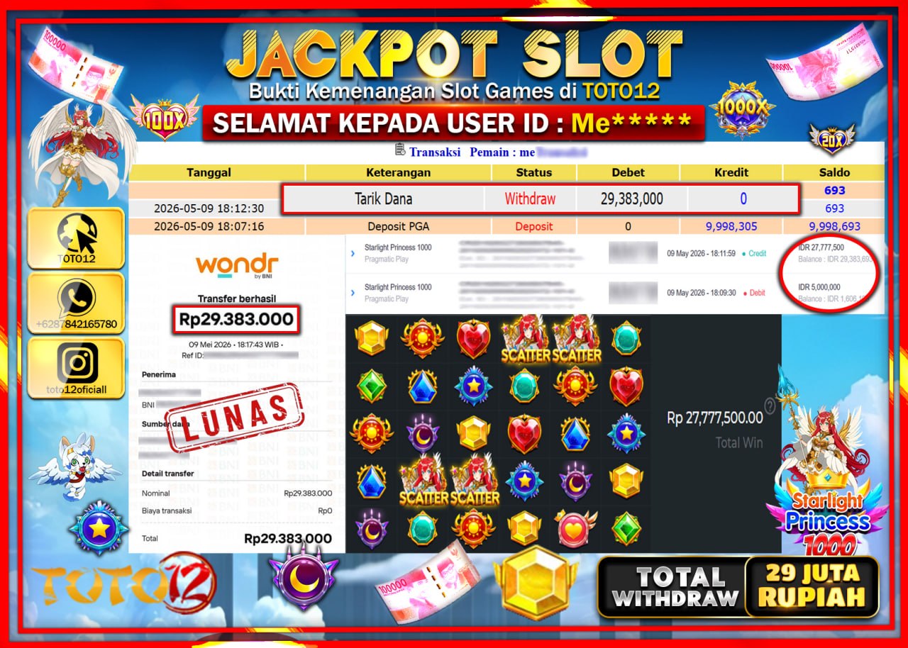 HANYA DI TOTO12 JP PASTI DI BAYAR LUNAS DAN CEPAT!!!!!! JACKPOT SLOT GAME (STARLIGHT PRINCESS 1000) Rp29.383.000!!!!