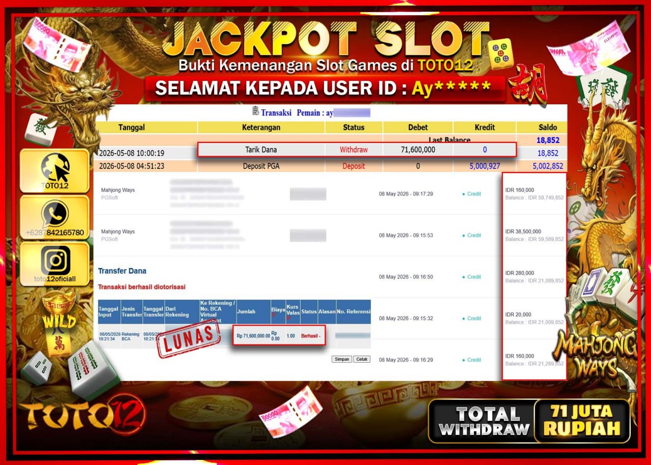 HANYA DI TOTO12 JP PASTI DI BAYAR LUNAS DAN CEPAT!!!!!! JACKPOT SLOT GAMES (MAHJONG WAYS) Rp71.600.000!!!!