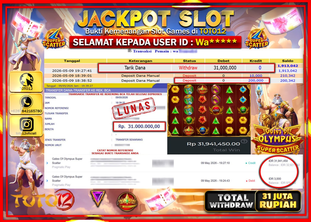HANYA DI TOTO12 JP PASTI DI BAYAR LUNAS DAN CEPAT!!!!!! JACKPOT SLOT GAMES (GATES OF OLYMPUS SUPER SCATTER) Rp31.000.000!!!!