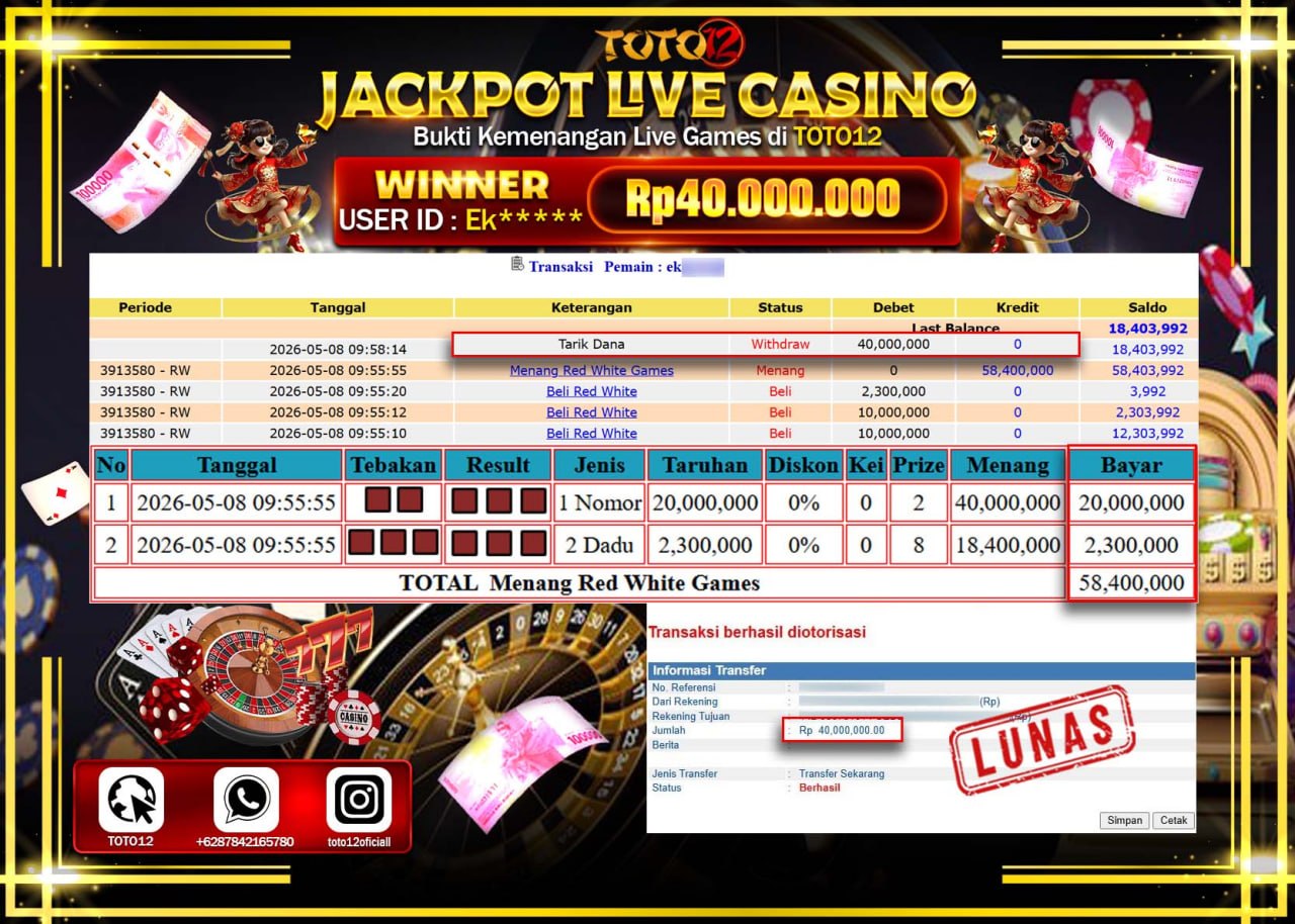 HANYA DI TOTO12 JP PASTI DI BAYAR LUNAS DAN CEPAT!!!!!! JACKPOT  LIVE GAMES CASINO (RED WHITE) Rp40.000.000!!!!