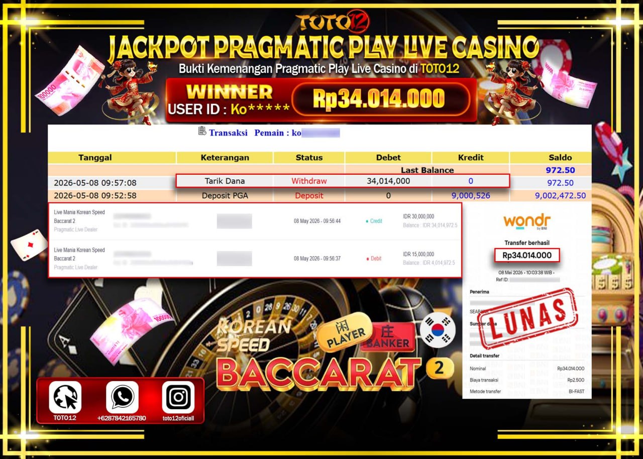 HANYA DI TOTO12 JP PASTI DI BAYAR LUNAS DAN CEPAT!!!!!! JACKPOT SLOT GAMES (LIVE MANIA KOREAN SPEED BACCARAT 2) Rp34.014.000!!!!