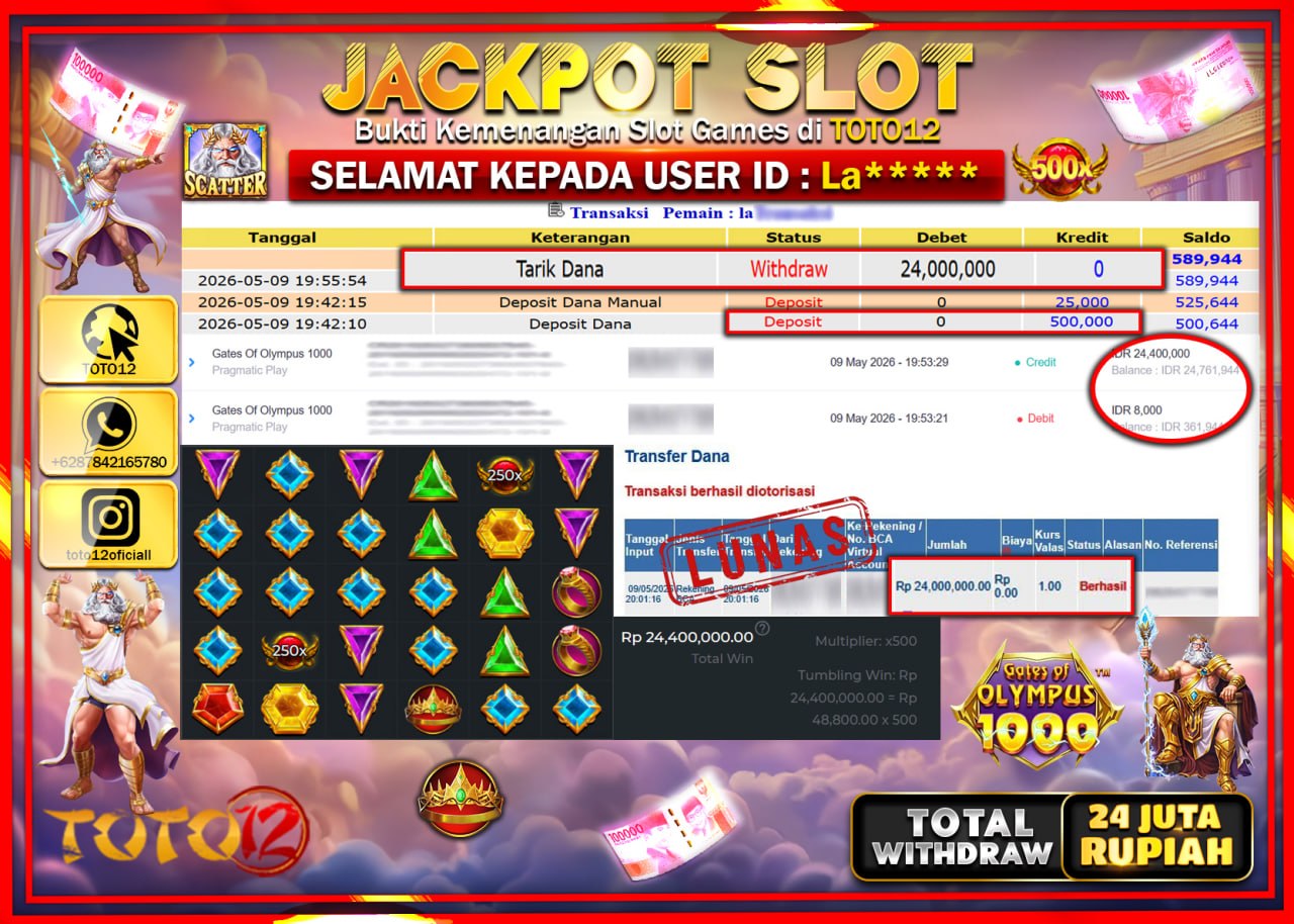 HANYA DI TOTO12 JP PASTI DI BAYAR LUNAS DAN CEPAT!!!!!! JACKPOT SLOT GAMES (GATES OF OLYMPUS 1000) Rp24.000.000!!!!