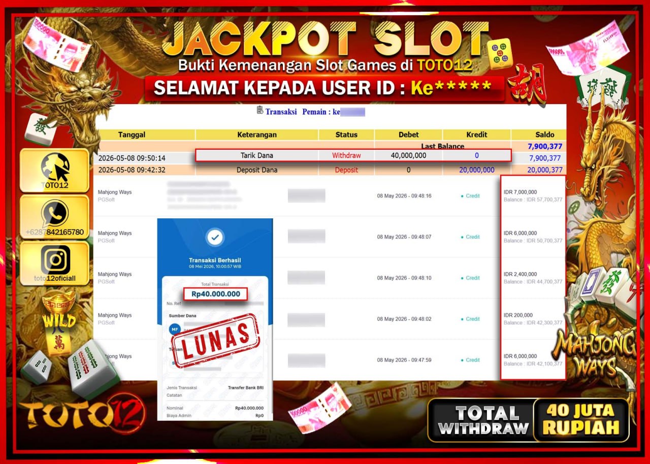 HANYA DI TOTO12 JP PASTI DI BAYAR LUNAS DAN CEPAT!!!!!! JACKPOT SLOT GAMES (MAHJONG WAYS) Rp40.000.000!!!!