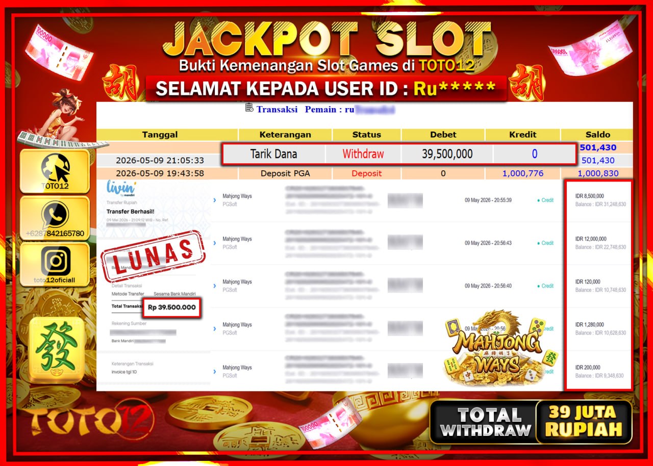 HANYA DI TOTO12 JP PASTI DI BAYAR LUNAS DAN CEPAT!!!!!! JACKPOT SLOT GAMES (MAHJONG WAYS) Rp39.500.000!!!!