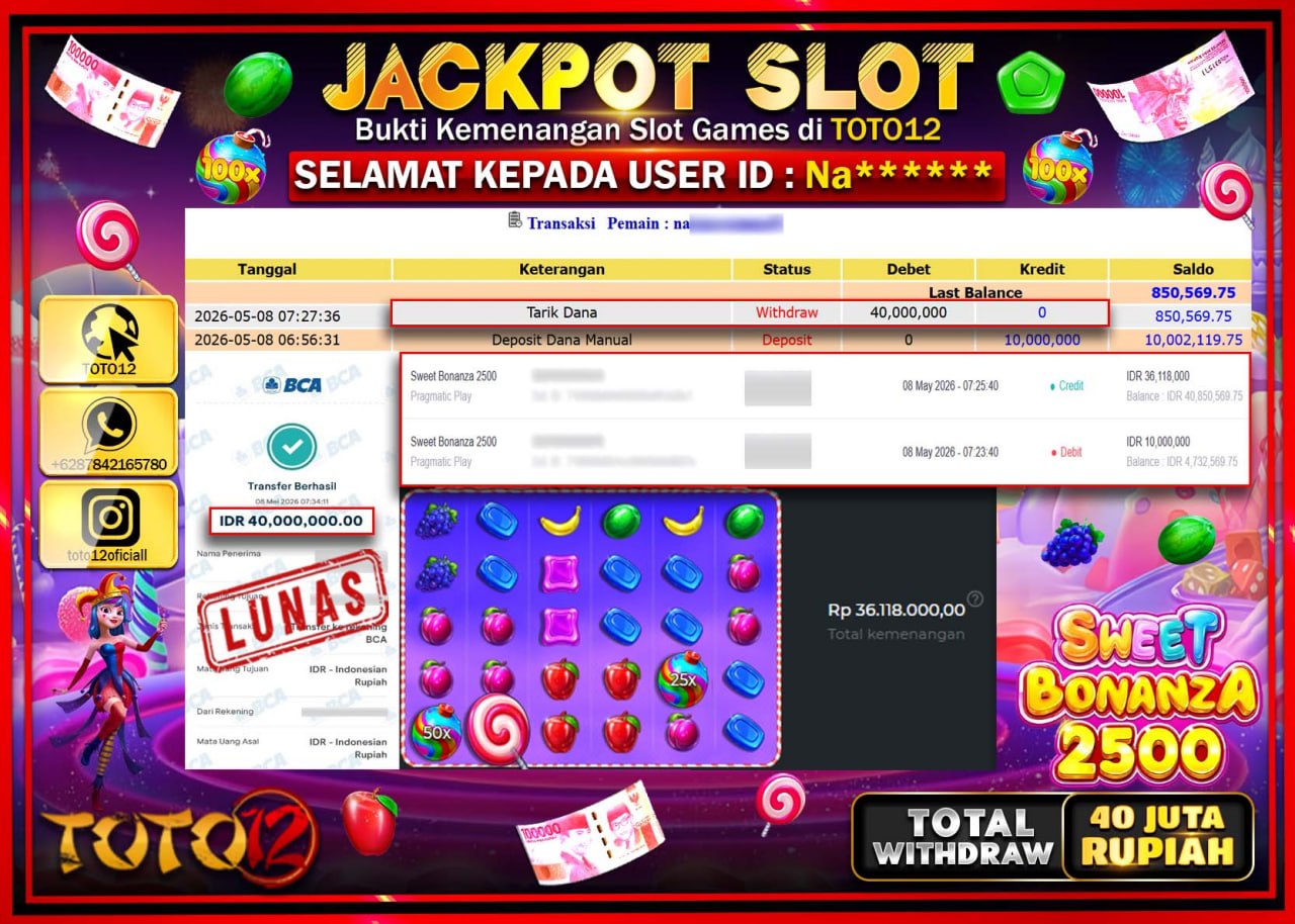 HANYA DI TOTO12 JP PASTI DI BAYAR LUNAS DAN CEPAT!!!!!! JACKPOT SLOT GAMES (SWEET BONANZA 2500) Rp40.000.000!!!!