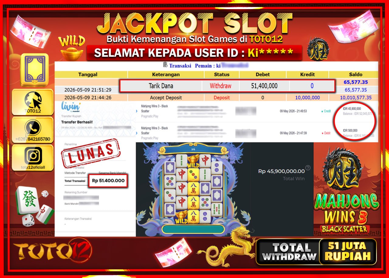 HANYA DI TOTO12 JP PASTI DI BAYAR LUNAS DAN CEPAT!!!!!! JACKPOT SLOT GAMES (MAHJONG WINS 3 BLACK SCATTER) Rp51.400.000!!!!