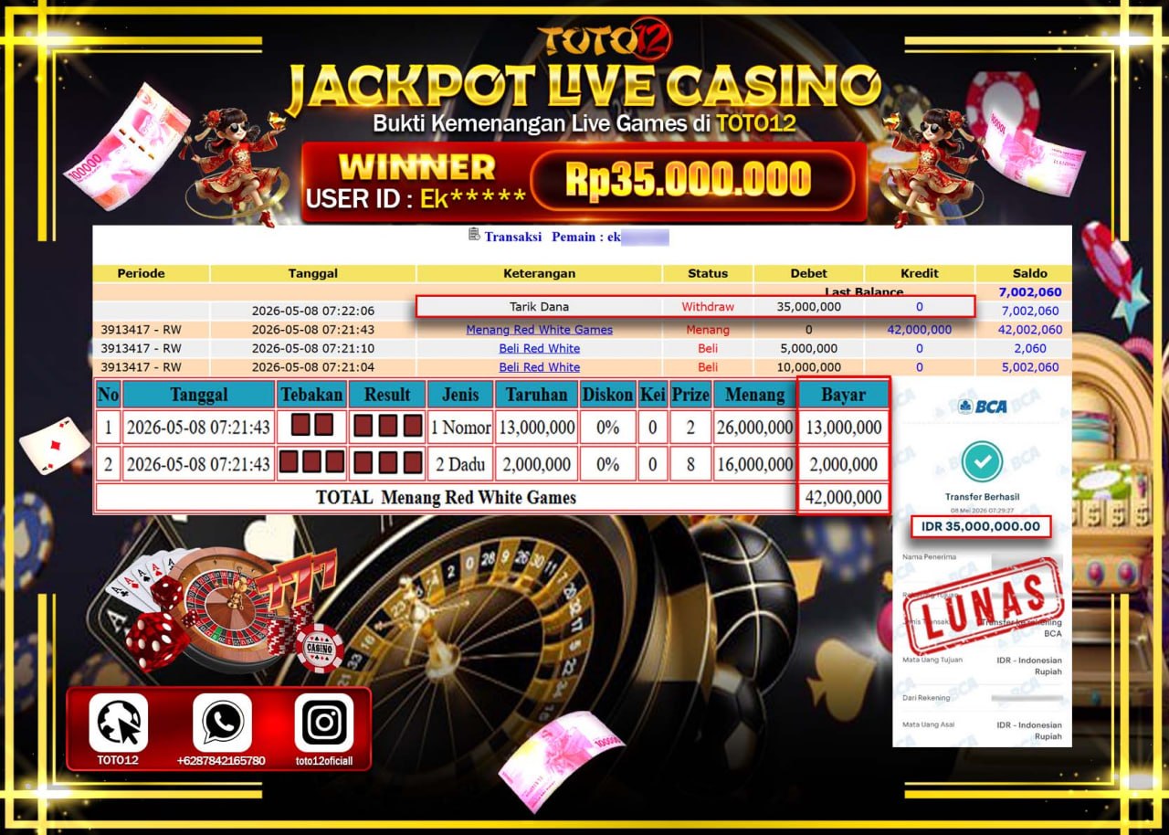 HANYA DI TOTO12 JP PASTI DI BAYAR LUNAS DAN CEPAT!!!!!! JACKPOT  LIVE GAMES CASINO (RED WHITE) Rp35.000.000!!!!