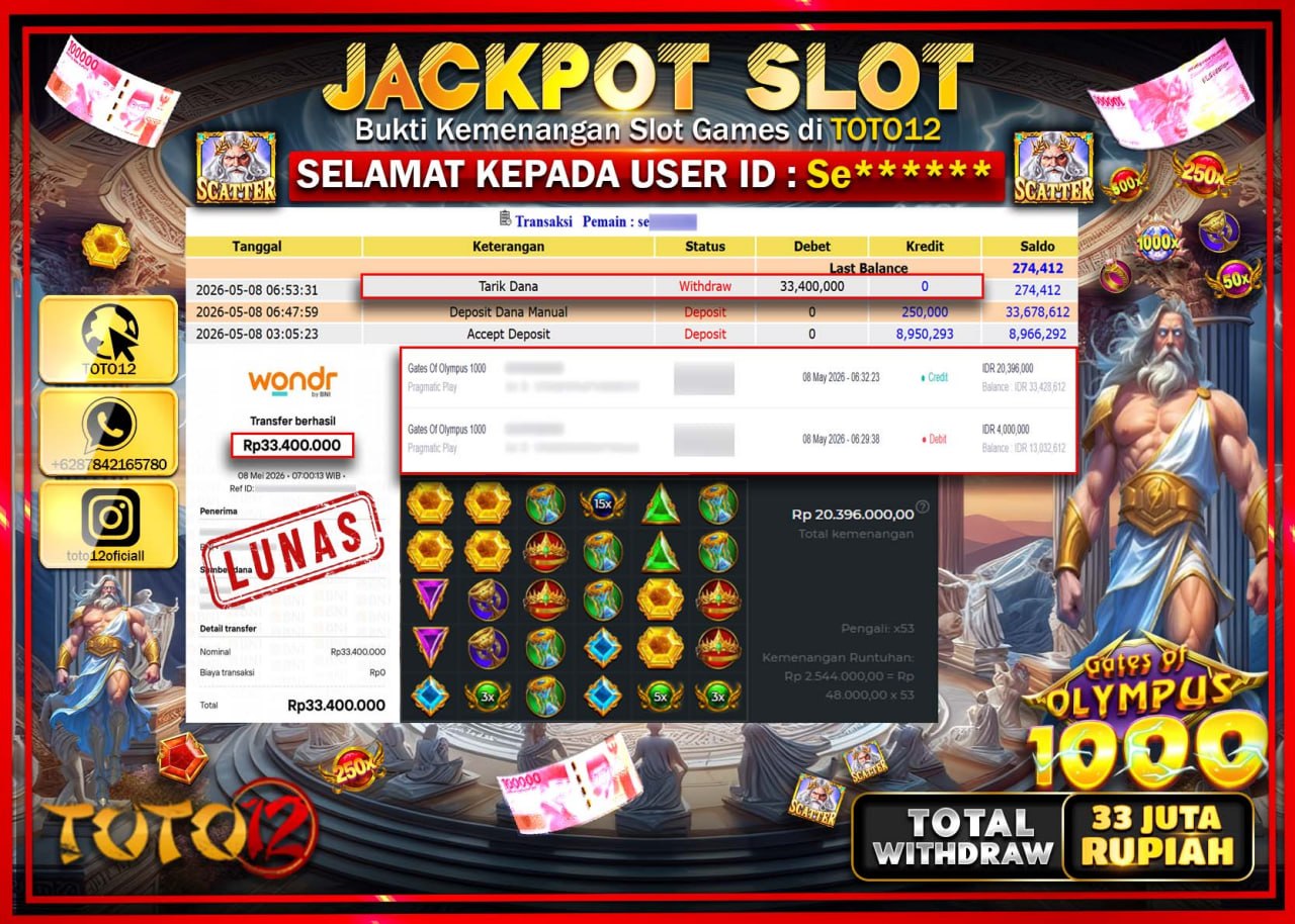 HANYA DI TOTO12 JP PASTI DI BAYAR LUNAS DAN CEPAT!!!!!! JACKPOT SLOT GAME (GATES OF OLYMPUS 1000) Rp33.400.000!!!!