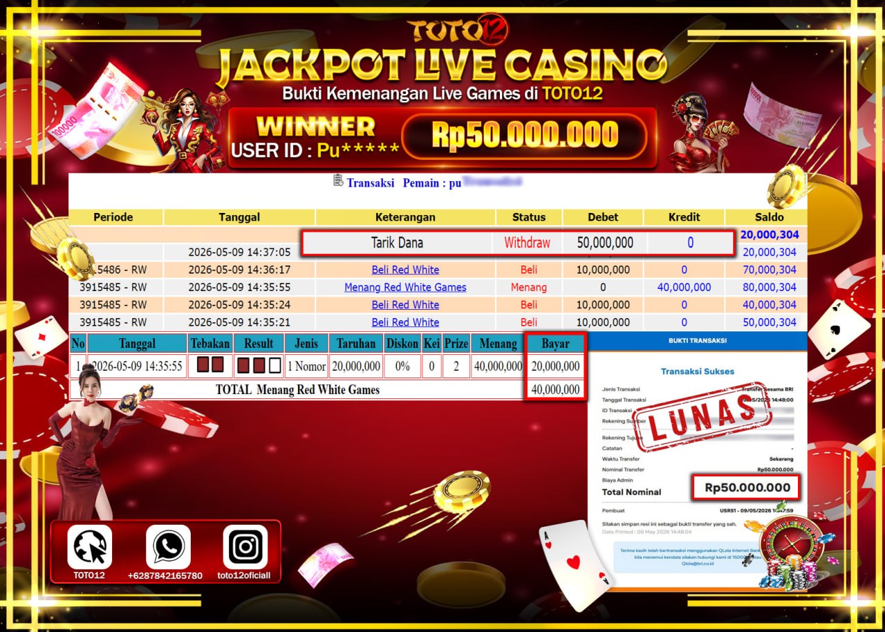 HANYA DI TOTO12 JP PASTI DI BAYAR LUNAS DAN CEPAT!!!!!! JACKPOT  LIVE GAMES CASINO (RED WHITE) Rp50.000.000!!!!