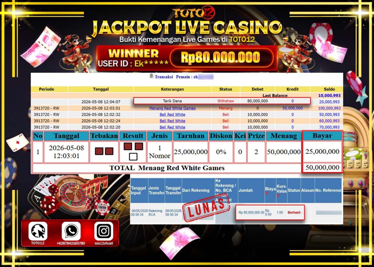 HANYA DI TOTO12 JP PASTI DI BAYAR LUNAS DAN CEPAT!!!!!! JACKPOT  LIVE GAMES CASINO (RED WHITE) Rp80.000.000!!!!