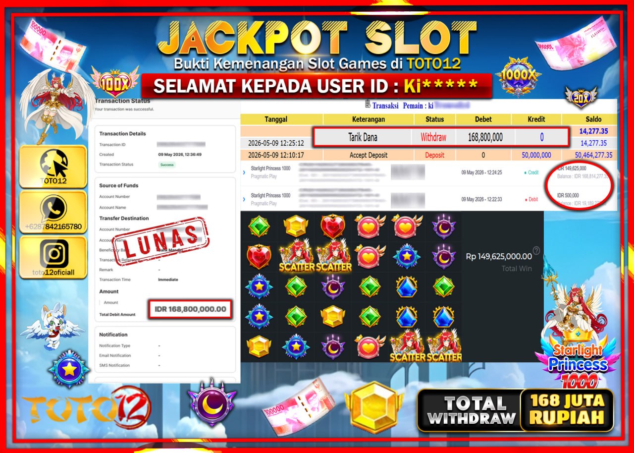HANYA DI TOTO12 JP PASTI DI BAYAR LUNAS DAN CEPAT!!!!!! JACKPOT SLOT GAMES (STARLIGHT PRINCESS 1000) Rp168.800.000!!!!