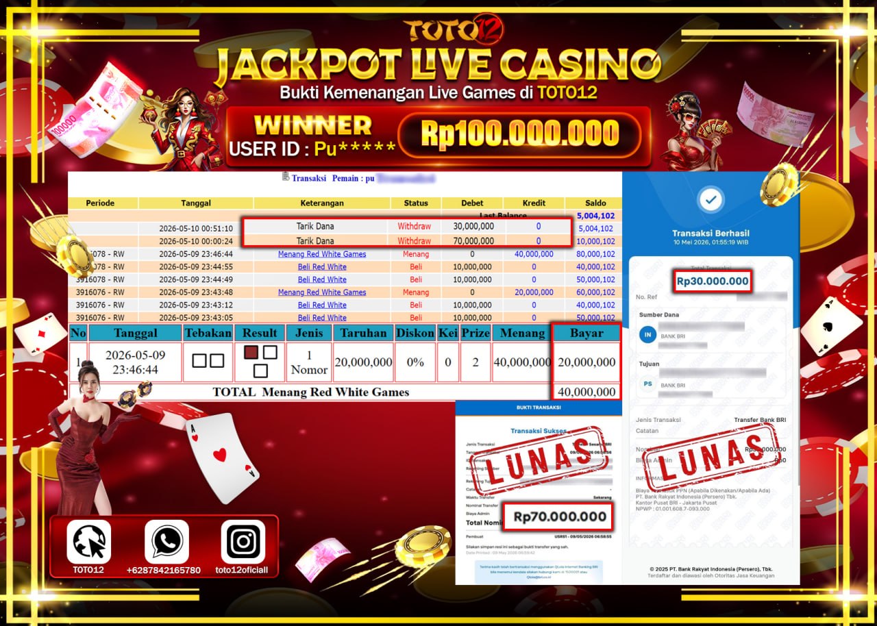 HANYA DI TOTO12 JP PASTI DI BAYAR LUNAS DAN CEPAT!!!!!! JACKPOT  LIVE GAMES CASINO (RED WHITE) Rp100.000.000!!!!