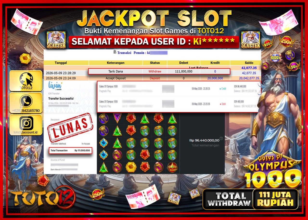 HANYA DI TOTO12 JP PASTI DI BAYAR LUNAS DAN CEPAT!!!!!! JACKPOT SLOT GAME (GATES OF OLYMPUS 1000) Rp111.000.000!!!!