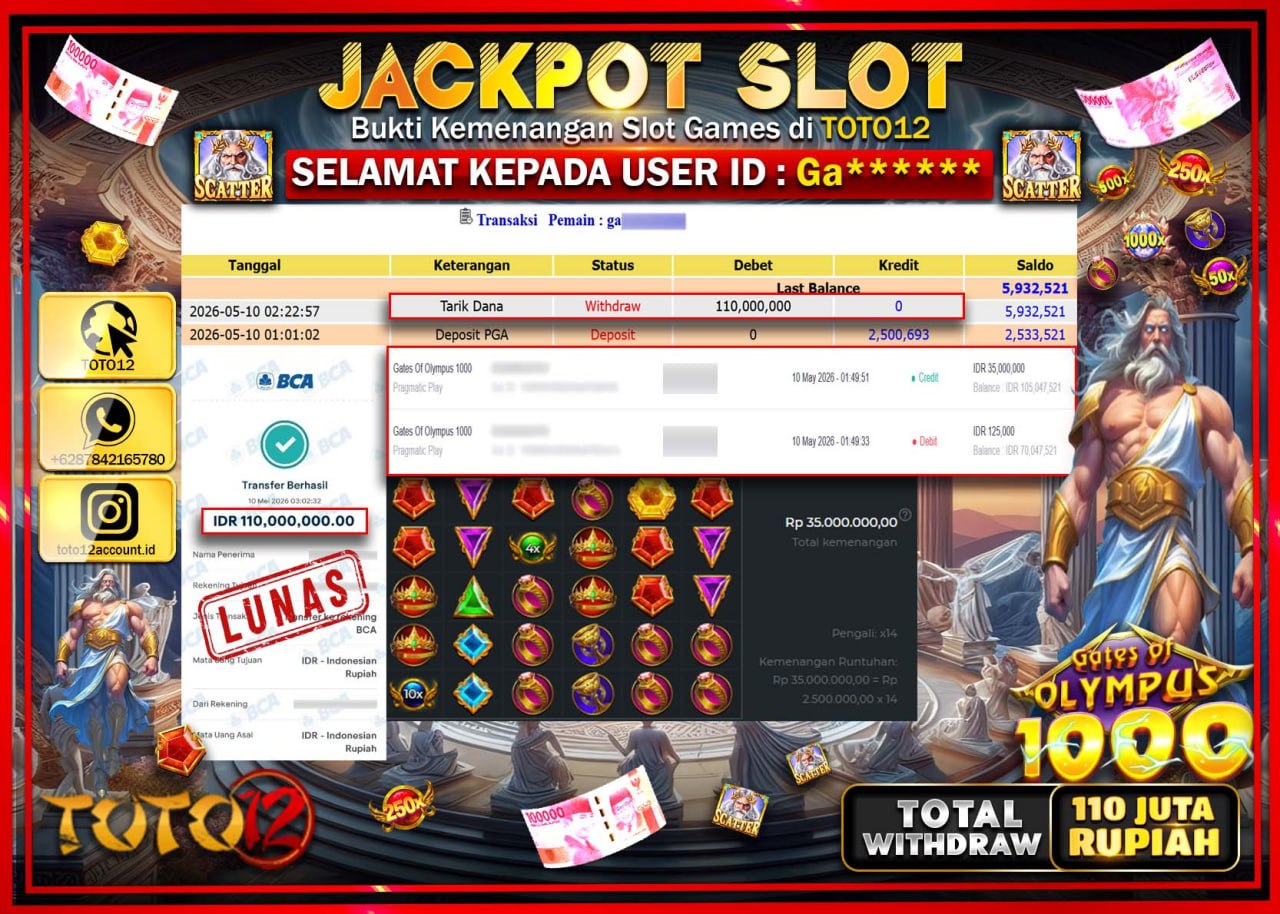 HANYA DI TOTO12 JP PASTI DI BAYAR LUNAS DAN CEPAT!!!!!! JACKPOT SLOT GAME (GATES OF OLYMPUS 1000) Rp110.000.000!!!!