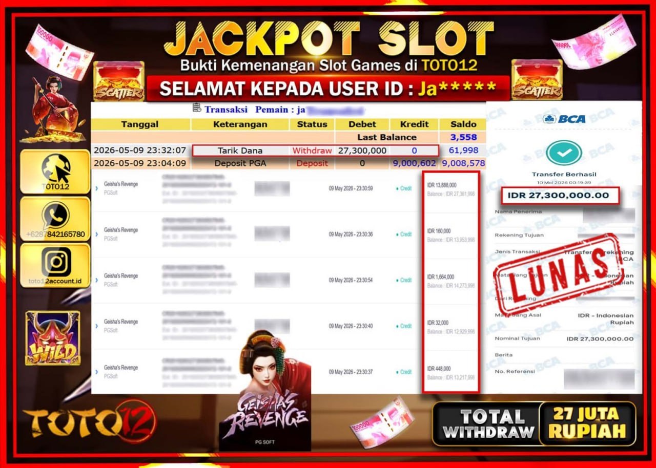 HANYA DI TOTO12 JP PASTI DI BAYAR LUNAS DAN CEPAT!!!!!! JACKPOT SLOT GAME (GEISHAS REVENGE) Rp27.300.000!!!!