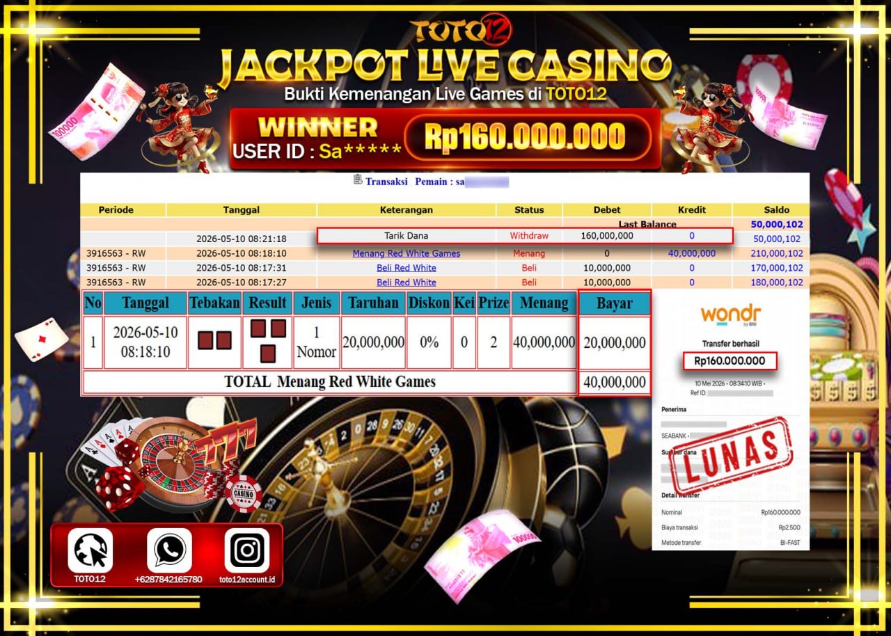 HANYA DI TOTO12 JP PASTI DI BAYAR LUNAS DAN CEPAT!!!!!! JACKPOT  LIVE GAME CASINO (RED WHITE) Rp160.000.000!!!!