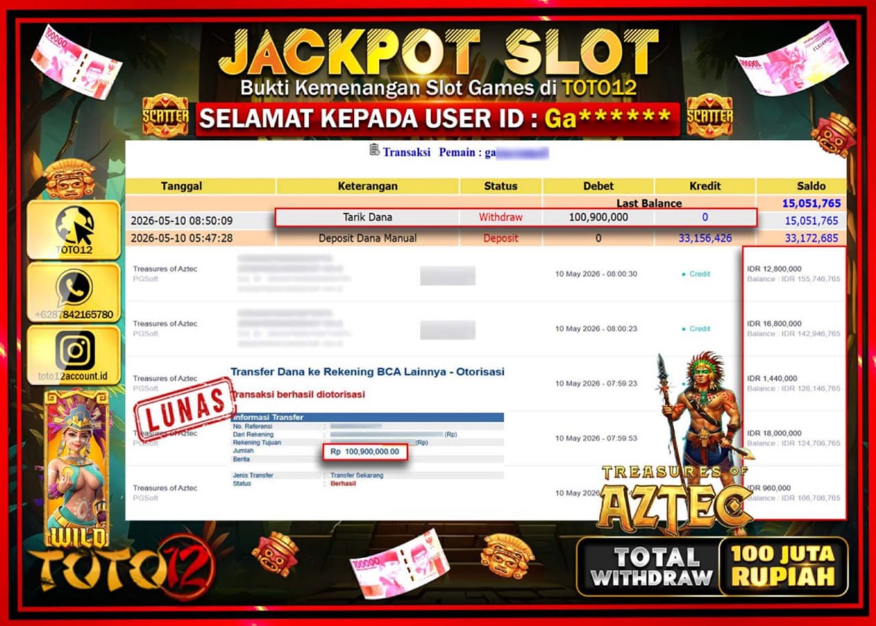 HANYA DI TOTO12 JP PASTI DI BAYAR LUNAS DAN CEPAT!!!!!! JACKPOT SLOT GAME (TREASURES OF AZTEC) Rp100.900.000!!!!
