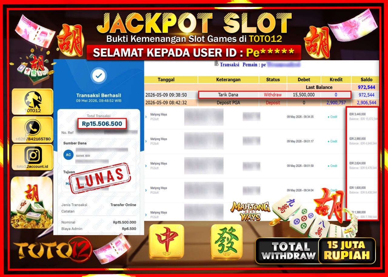 HANYA DI TOTO12 JP PASTI DI BAYAR LUNAS DAN CEPAT!!!!!! JACKPOT SLOT GAME (MAHJONG WAYS) Rp15.500.000!!!!