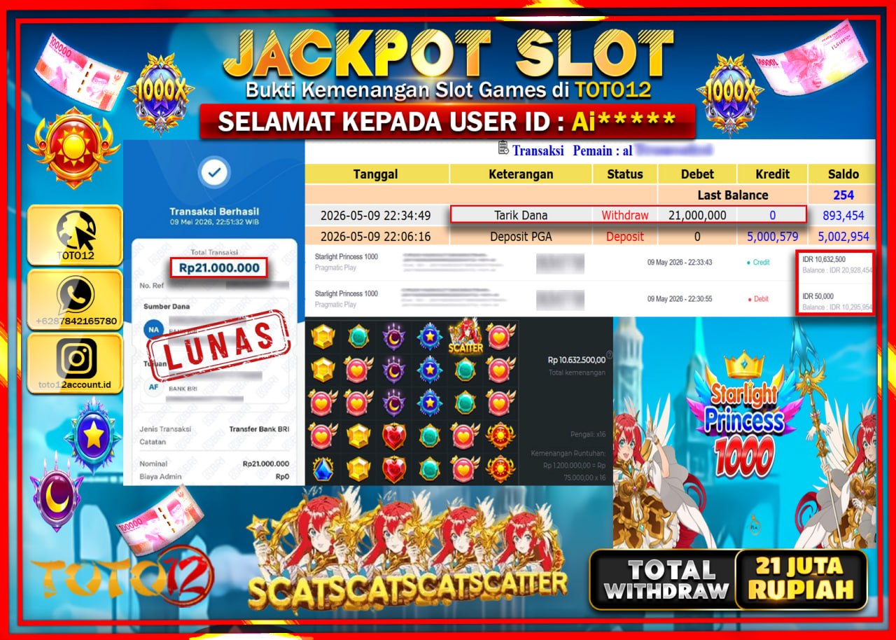 HANYA DI TOTO12 JP PASTI DI BAYAR LUNAS DAN CEPAT!!!!!! JACKPOT SLOT GAME (STARLIGHT PRICESS 1000) Rp21.000.000!!!!