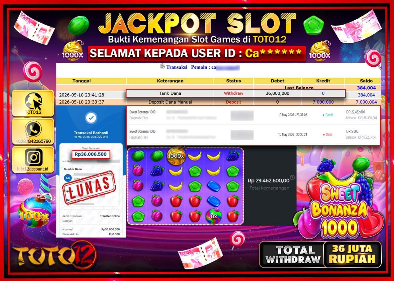 HANYA DI TOTO12 JP PASTI DI BAYAR LUNAS DAN CEPAT!!!!!! JACKPOT SLOT GAME (SWEET BONANZA 1000) Rp36.000.000!!!!