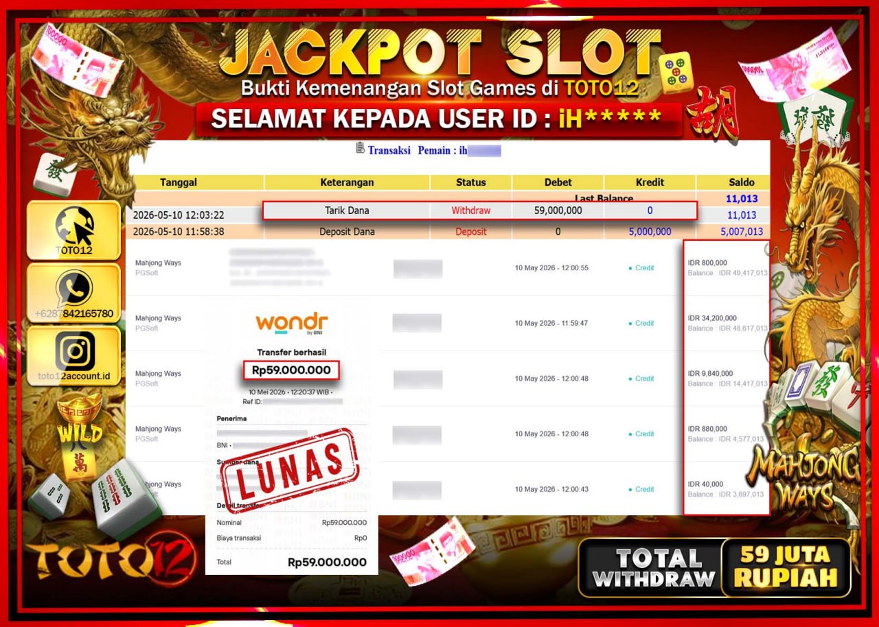 HANYA DI TOTO12 JP PASTI DI BAYAR LUNAS DAN CEPAT!!!!!! JACKPOT SLOT GAME (MAHJONG WAYS) Rp59.000.000!!!!