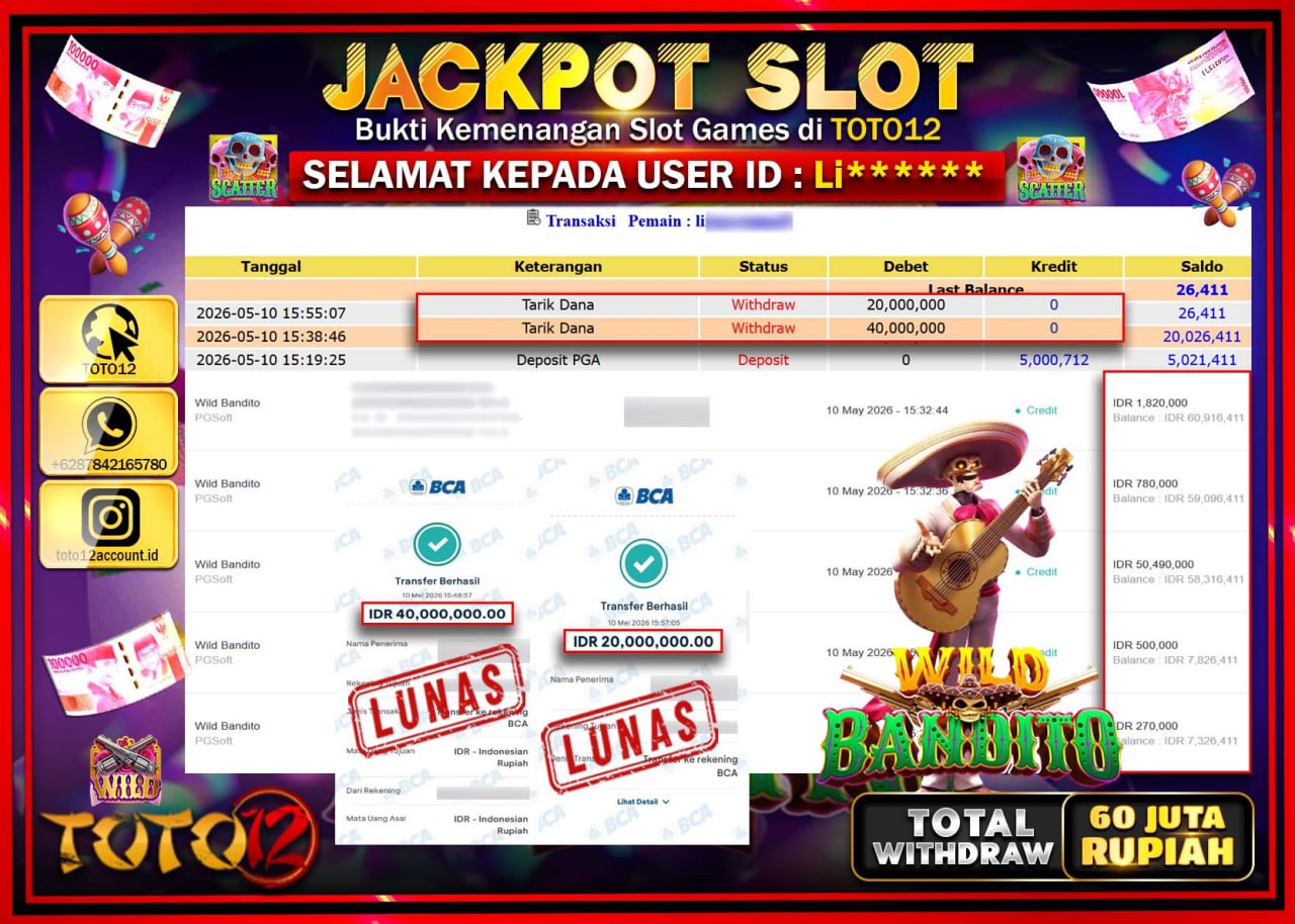 HANYA DI TOTO12 JP PASTI DI BAYAR LUNAS DAN CEPAT!!!!!! JACKPOT SLOT GAME (WILD BANDITO) Rp60.000.000!!!!