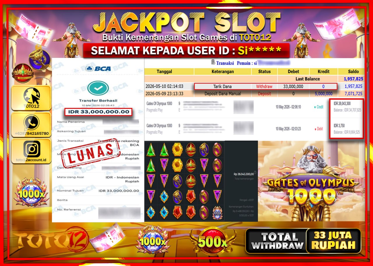 HANYA DI TOTO12 JP PASTI DI BAYAR LUNAS DAN CEPAT!!!!!! JACKPOT SLOT GAME (GATES OF OLYMPUS 1000) Rp33.000.000!!!!