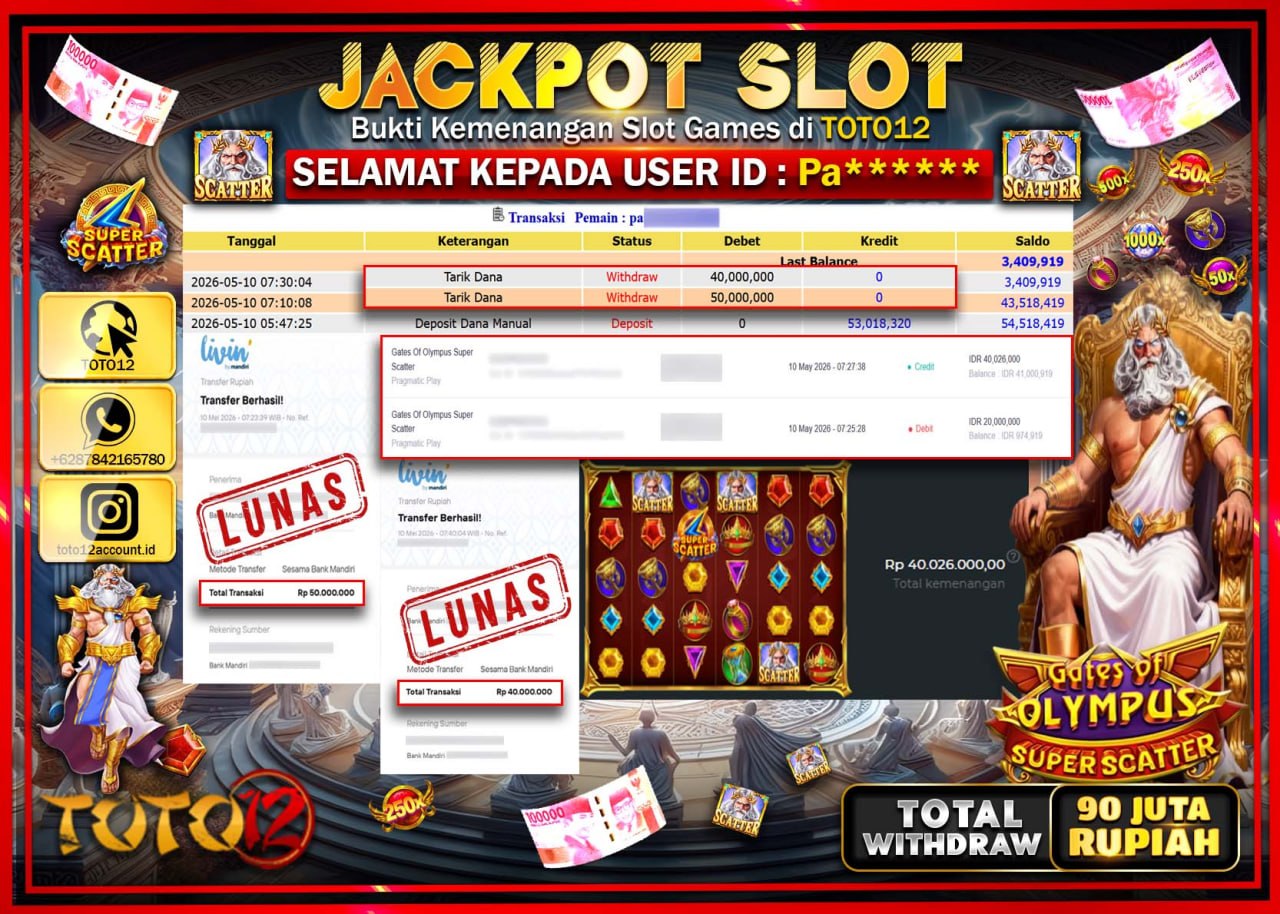 HANYA DI TOTO12 JP PASTI DI BAYAR LUNAS DAN CEPAT!!!!!! JACKPOT SLOT GAME (GATES OF OLYMPUS SUPER SCATTER) Rp90.000.000!!!!