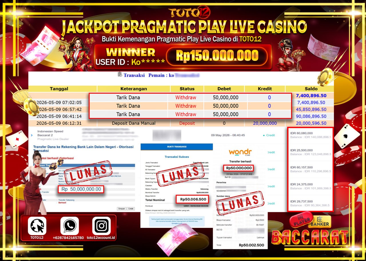 HANYA DI TOTO12 JP PASTI DI BAYAR LUNAS DAN CEPAT!!!!!! JACKPOT PRAGMATIC PLAY LIVE GAME CASINO (INDONESIAN SPEED BACCARAT 2) Rp150.000.000!!!!