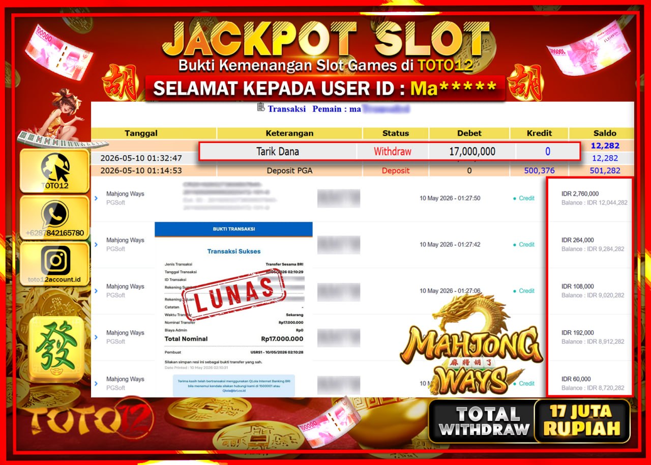HANYA DI TOTO12 JP PASTI DI BAYAR LUNAS DAN CEPAT!!!!!! JACKPOT SLOT GAME (MAHJONG WAYS) Rp17.000.000!!!!